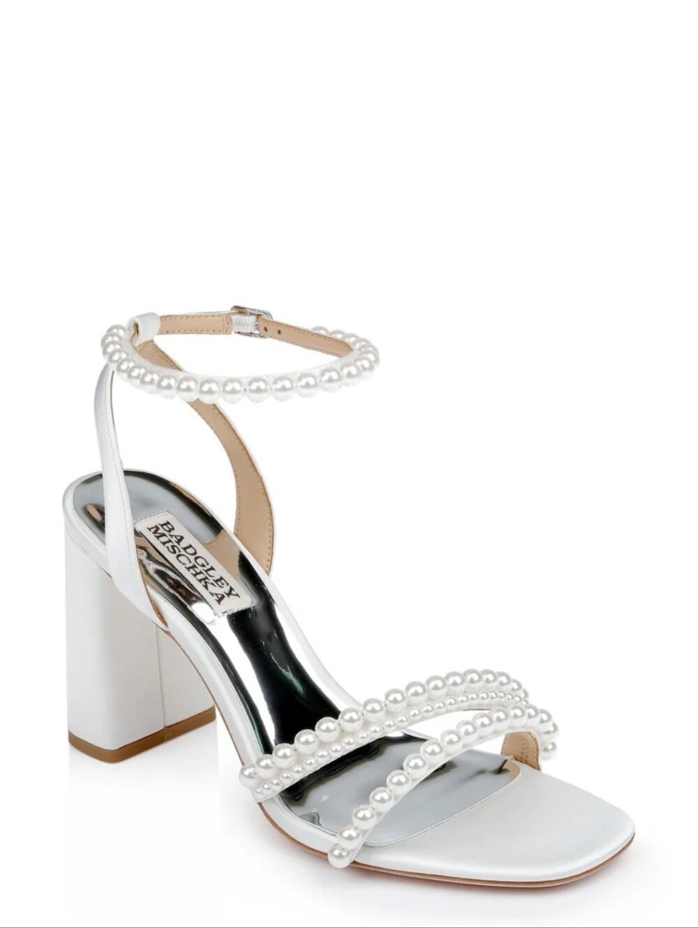 Badgley Mischka Feisty Pearl Block Heel Size 9 Silk Satin Leather Wedding - Picture 2 of 9